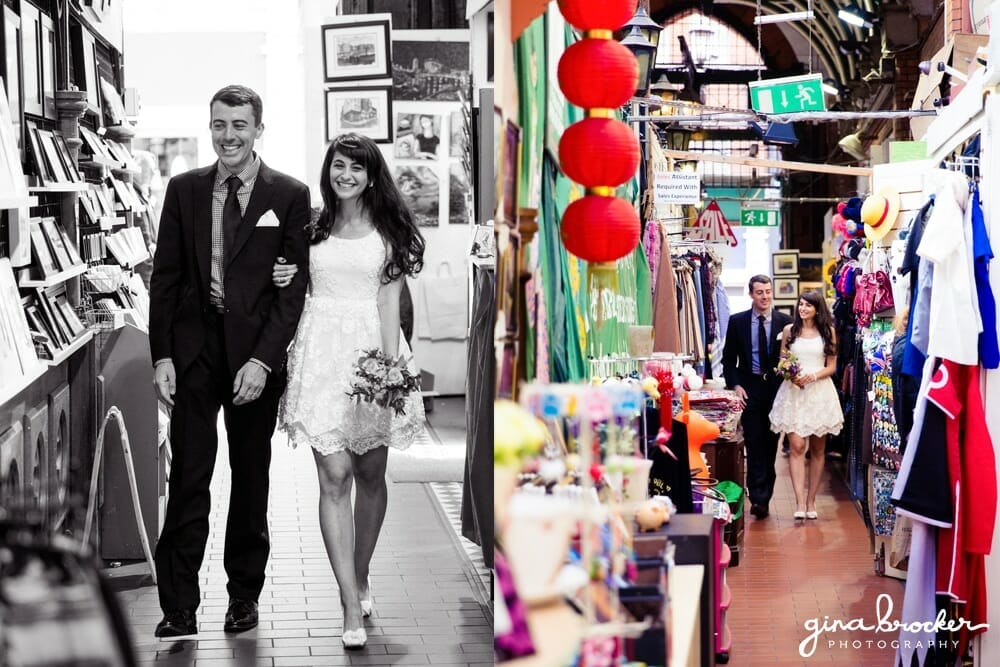Bride and groom walk through city market