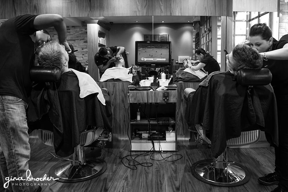 Groom & Groomsmen get a hot towel shave on the morning of the wedding.