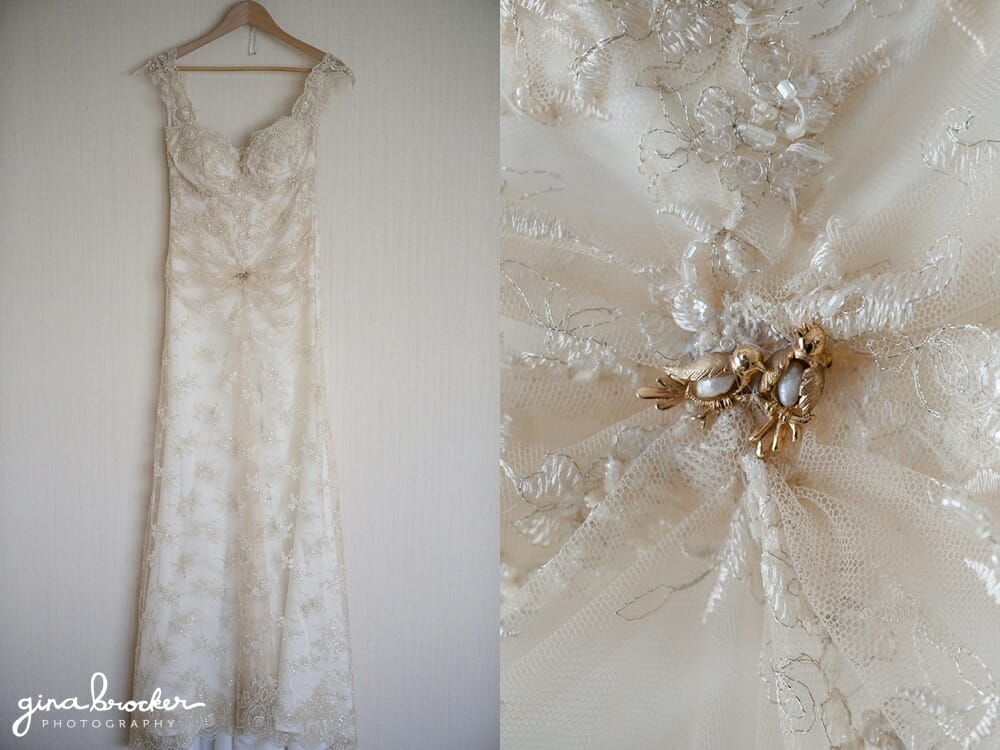 Gold Vintage Lace Wedding Dress Gold Vintage Lace Wedding Dress with lovebirds brooch