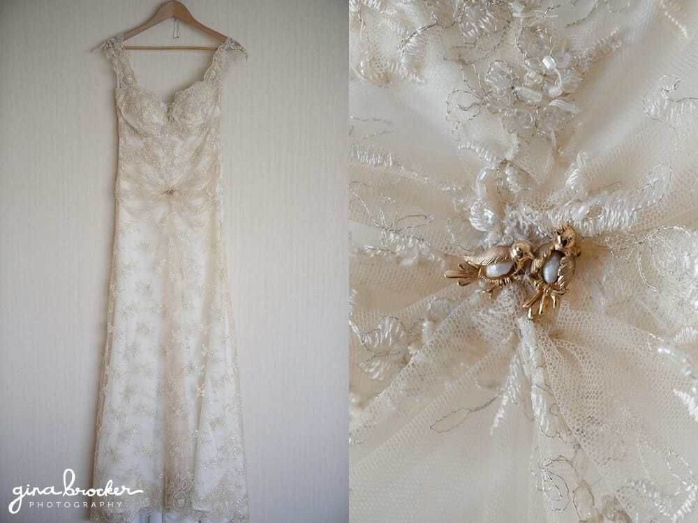 Gold Vintage Lace Wedding Dress with lovebirds brooch 