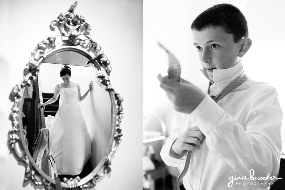 Bride Walking downstairs Ringer Bearer with tie Bride Walking downstairs Ringer Bearer ties his tie