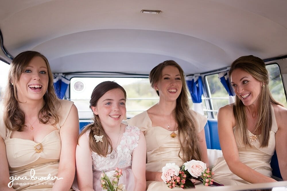 Bridesmaids and Flower Girl in VW Bus Bridesmaid and Flower Girl go to ceremony in a VW Bus