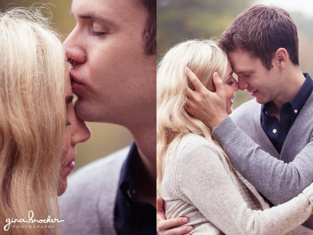 A couple share an intimate moment during their cozy fall engagement on Boston's charles river