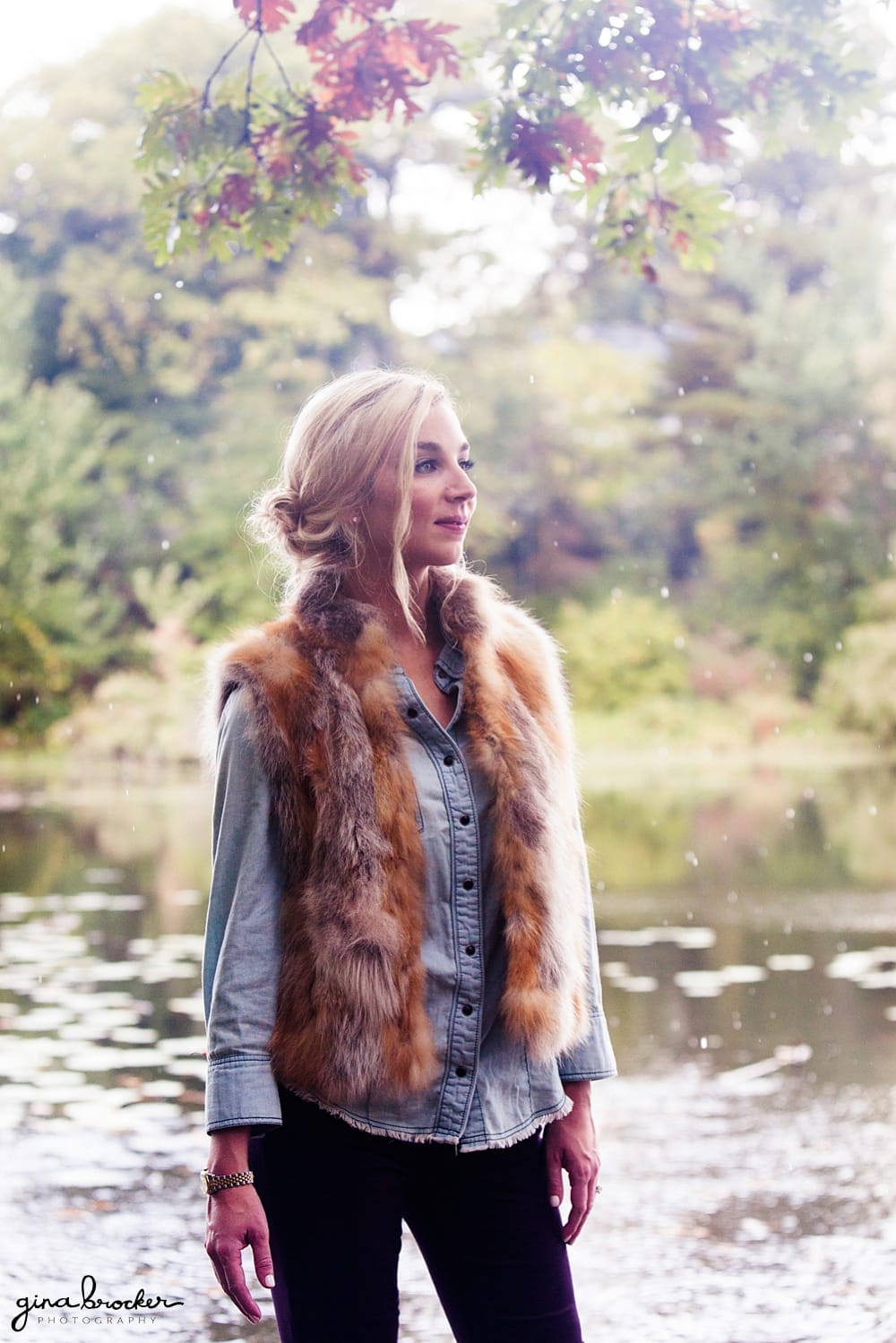 A portrait of a bride to be wearing a rustic chic outfit perfect for a fall engagement session