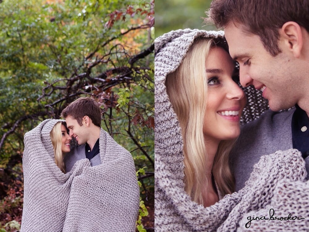 Engagement Session with Blanket Cuddling in a blanket during engagement session