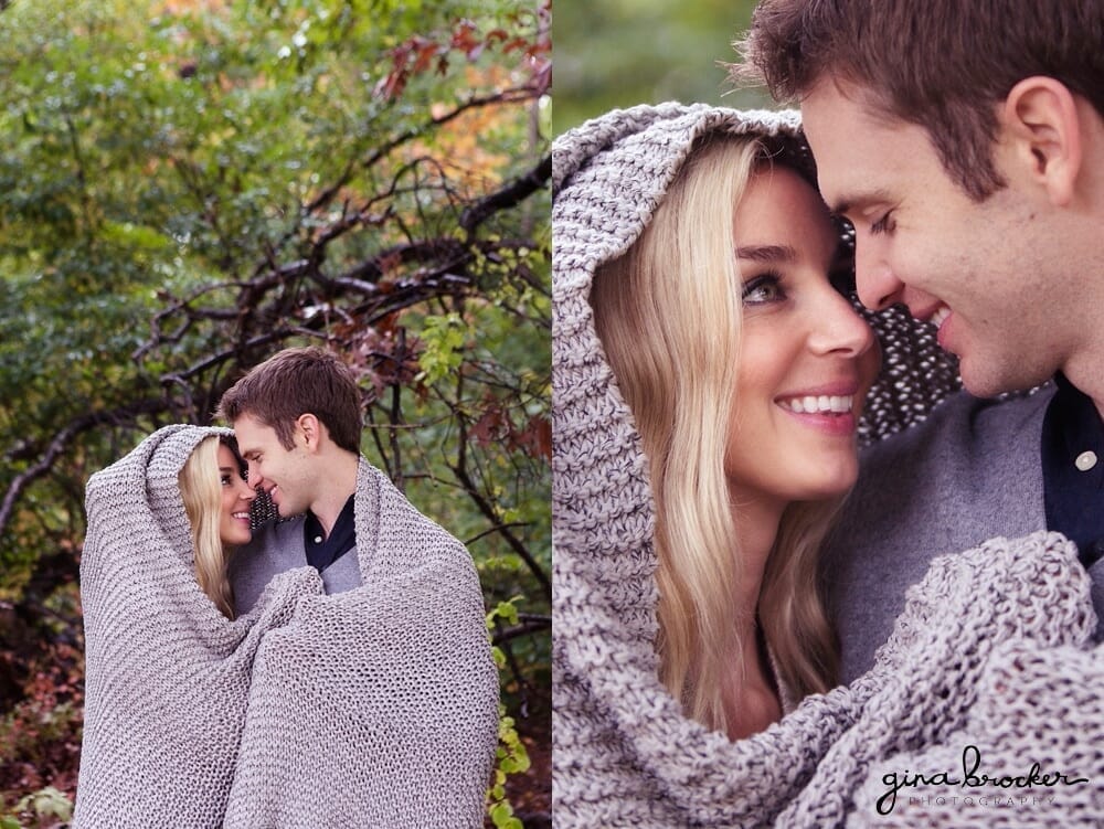 Cuddling in a blanket during engagement session