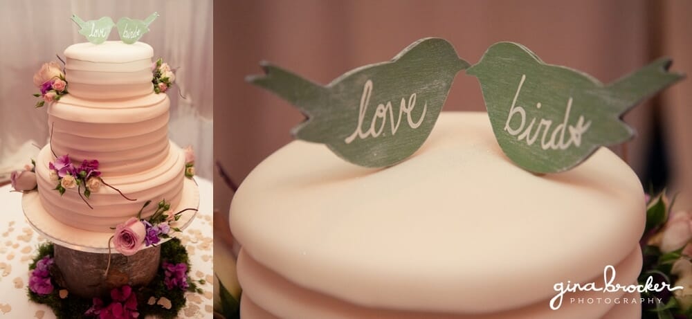 Rustic love birds wedding cake with dusty pink roses