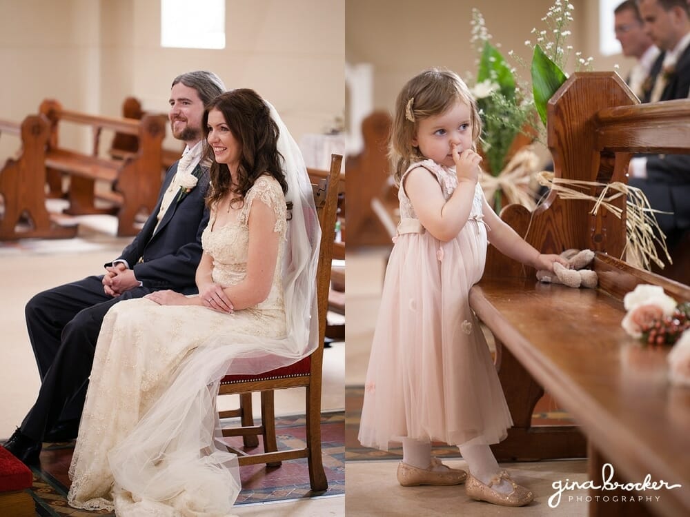 Vintage and Gold Wedding Flower Girl in Pink Church Ceremony Flower Girl Boston Wedding Photographer
