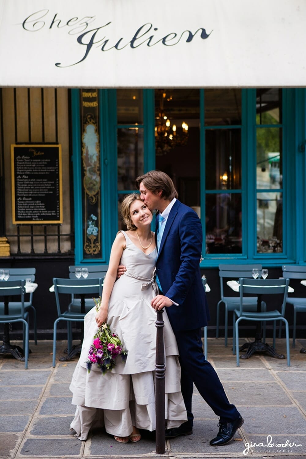 Bride and Groom outside a French Cafe in Paris