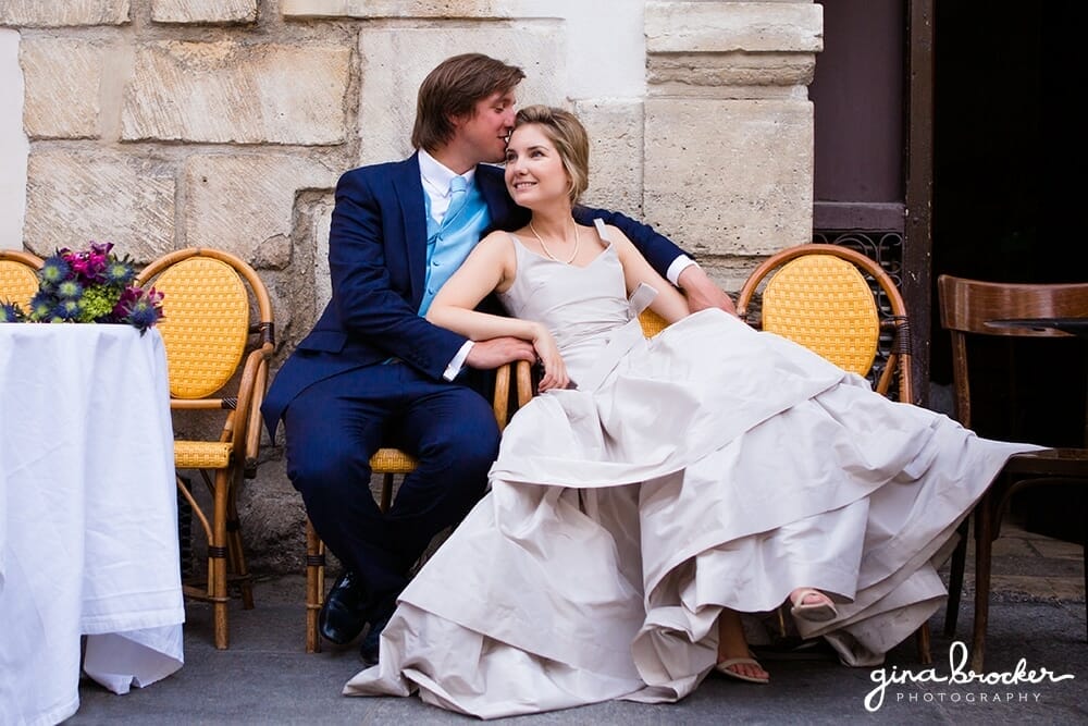 Bride and Groom sit outside a French Cafe in Paris Bride and Groom sit outside a French Cafe in Paris
