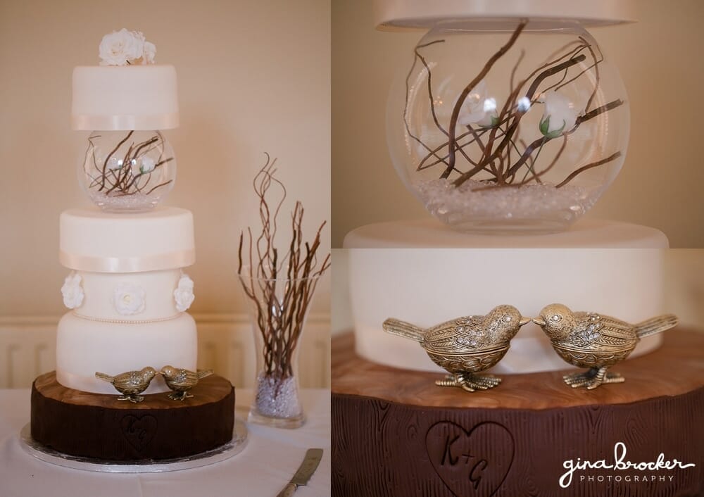 Elegant Wedding Cake with Bird Details Vintage Gold Birds Wedding Cake Boston Wedding Photographer