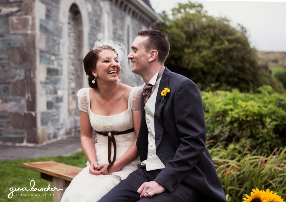 Bride and Groom Laughing Outside Church