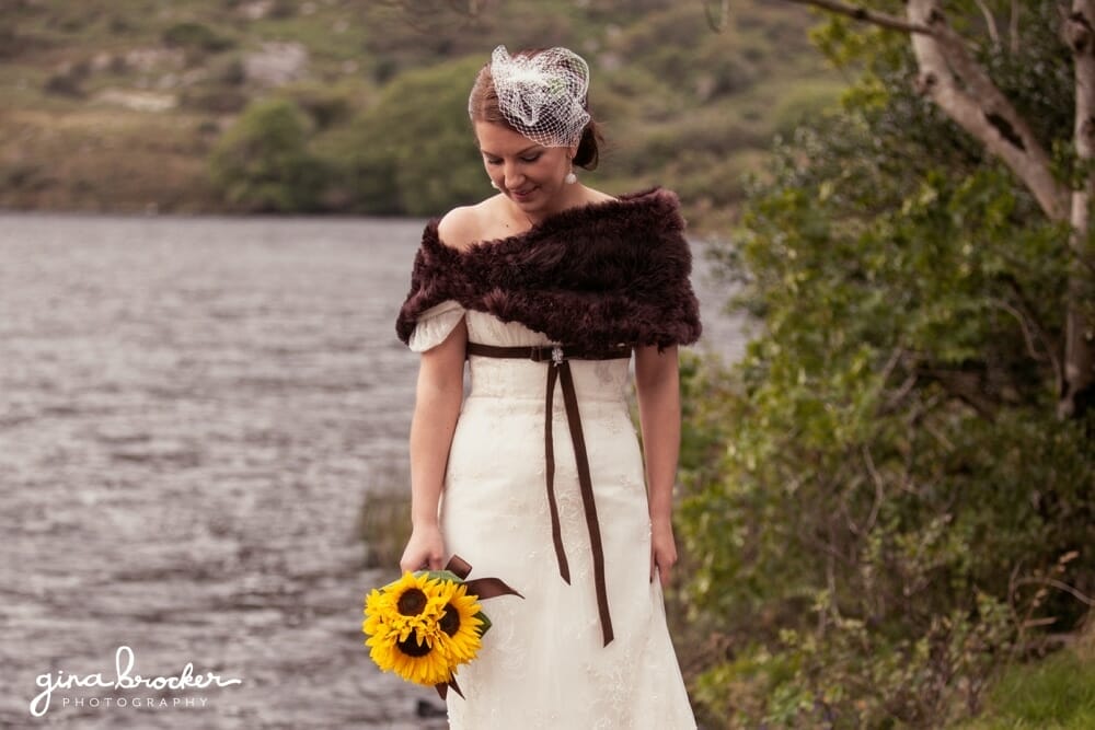Natural Vintage Bridal Portrait Beside Lake