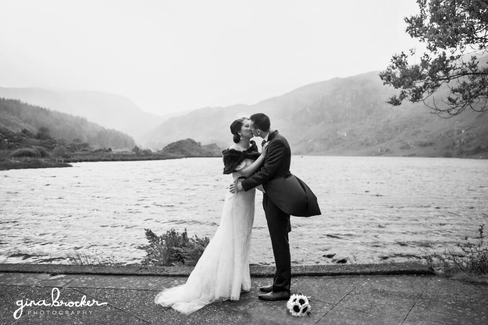 Romantic Wedding Portrait Beside Lake and Mountain