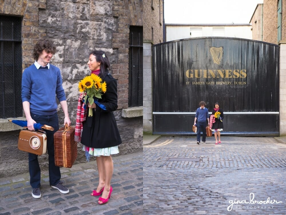 Couple in the city on the way to their rustic picnic love story session