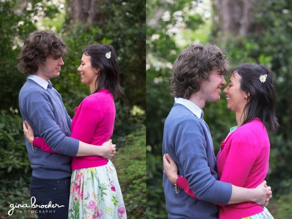 Cute portraits of a couple cuddling in the woods during their love story session in Boston Common