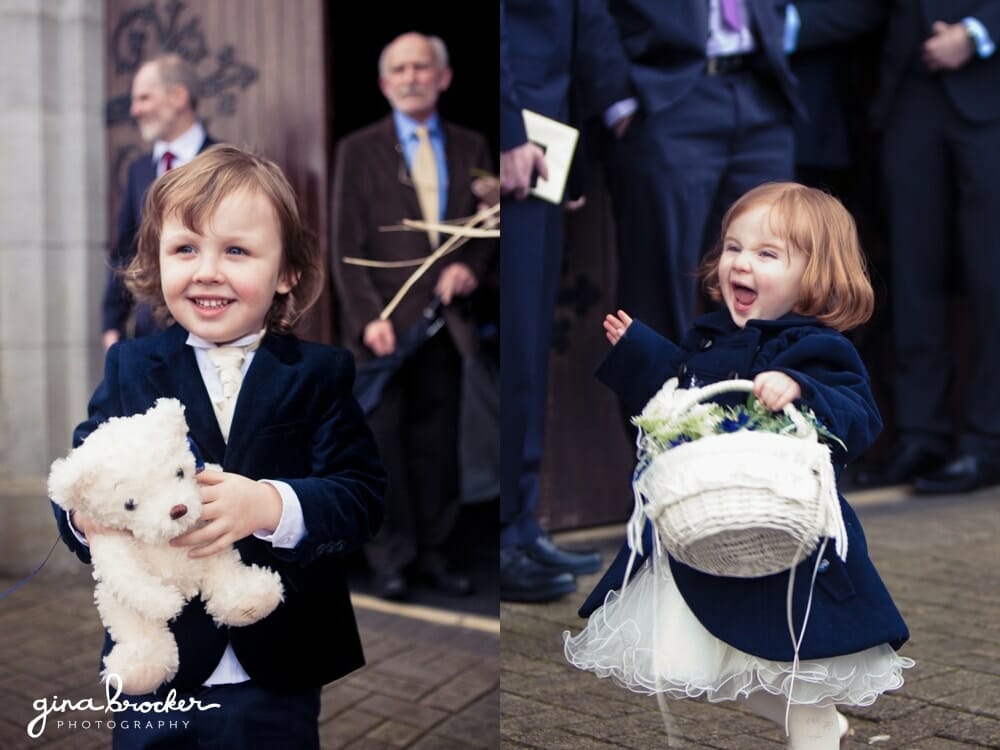 Candid photographs of a ring bearer and flower girl at a classic new England wedding in Boston, Massachusetts