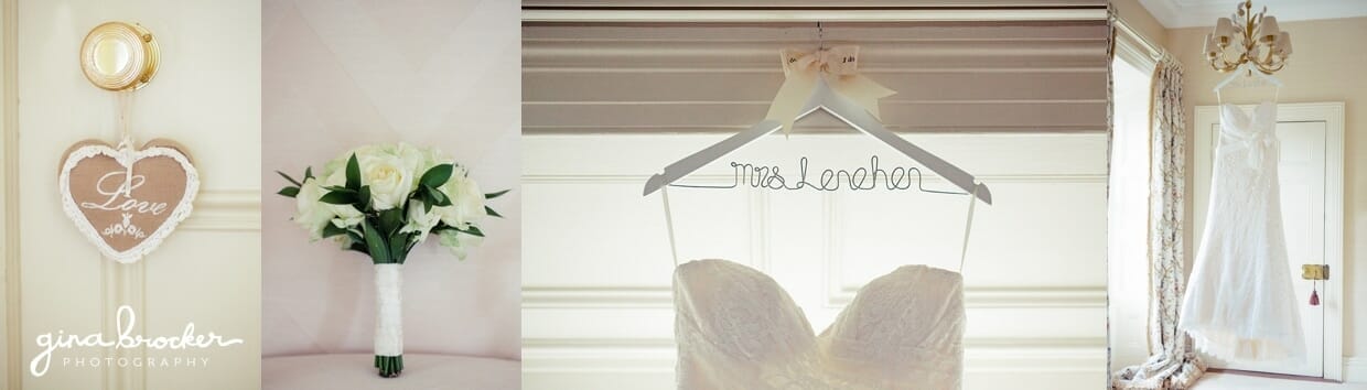 A classic vintage wedding dress hanging on a cute hanger