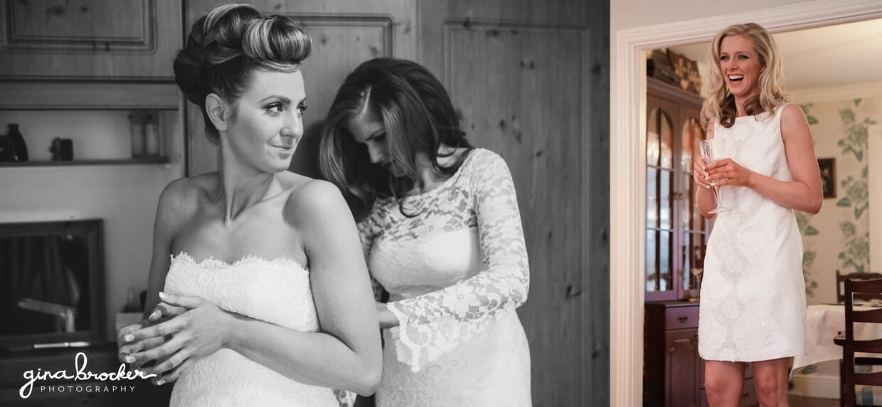 A bridesmaid helps the bride fasten her tea length wedding dress