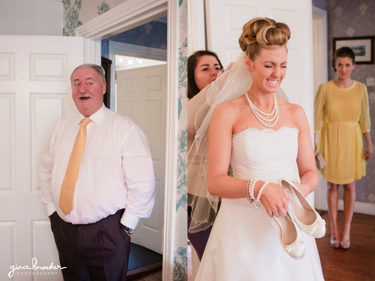 The father of the bride has a great big smile when he sees his daughter in her wedding dress