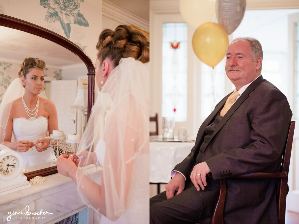 The bride looks in the mirror one more time before leaving for her wedding ceremony