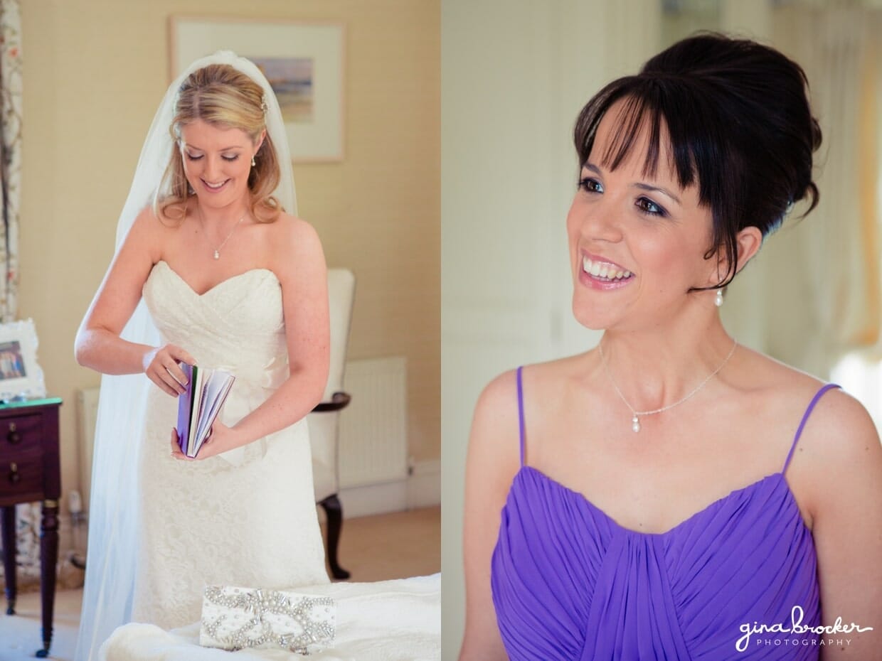 The bride checks that everything is in place on the morning of her wedding while her bridesmaids smiles at her