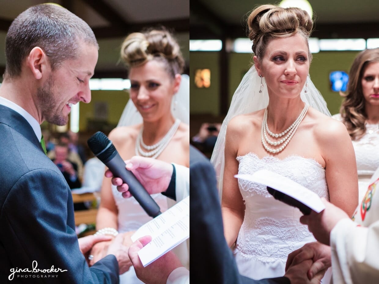 The bride and groom have an emotional moment during their wedding vows