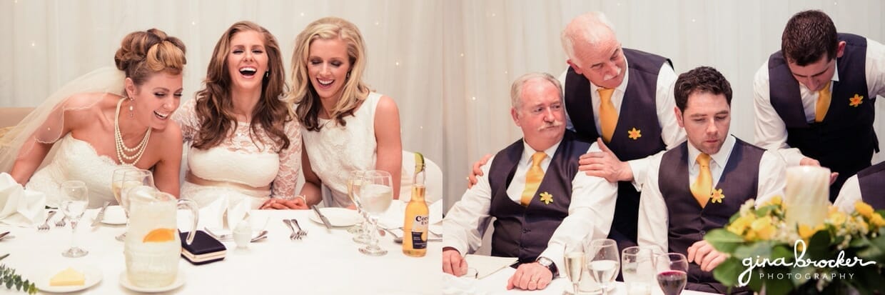 The bride laughs with her bridesmaids just before the wedding toasts
