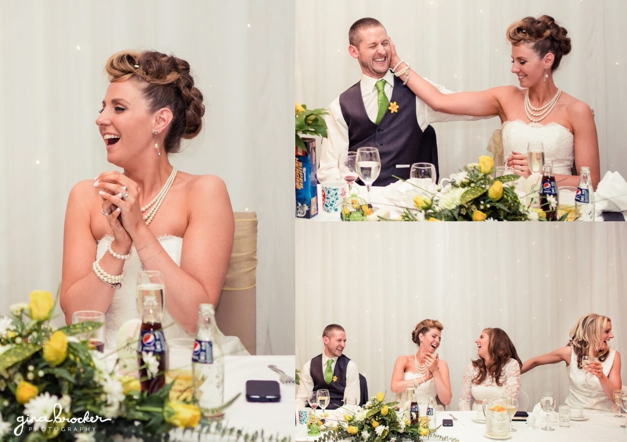 The bride, groom and guests laugh at the brilliant best man speech at their retro and fun wedding
