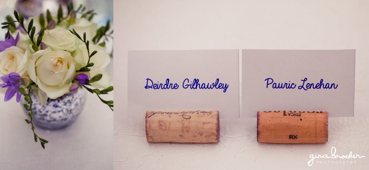 wine-cork-escort-cards white roses, purple wild flowers and wine cork escorts cards were the perfect details for this vintage and classic wedding