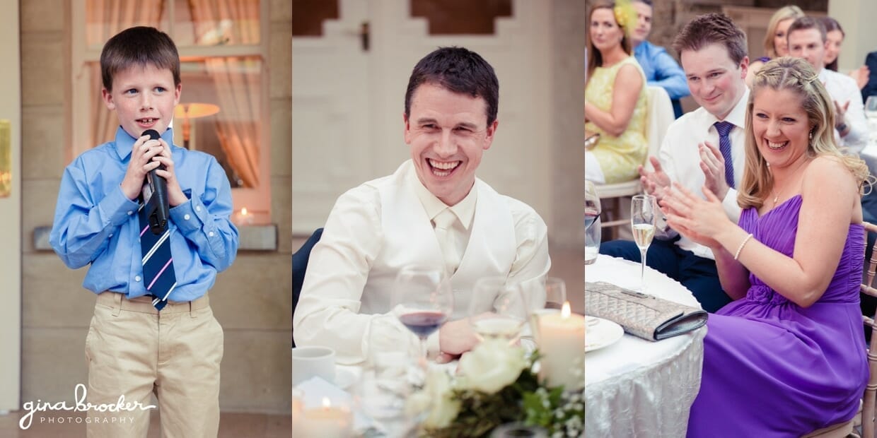 best-wedding-toasts Wedding guests smile and laugh as the ring bearer makes an amazing wedding toast