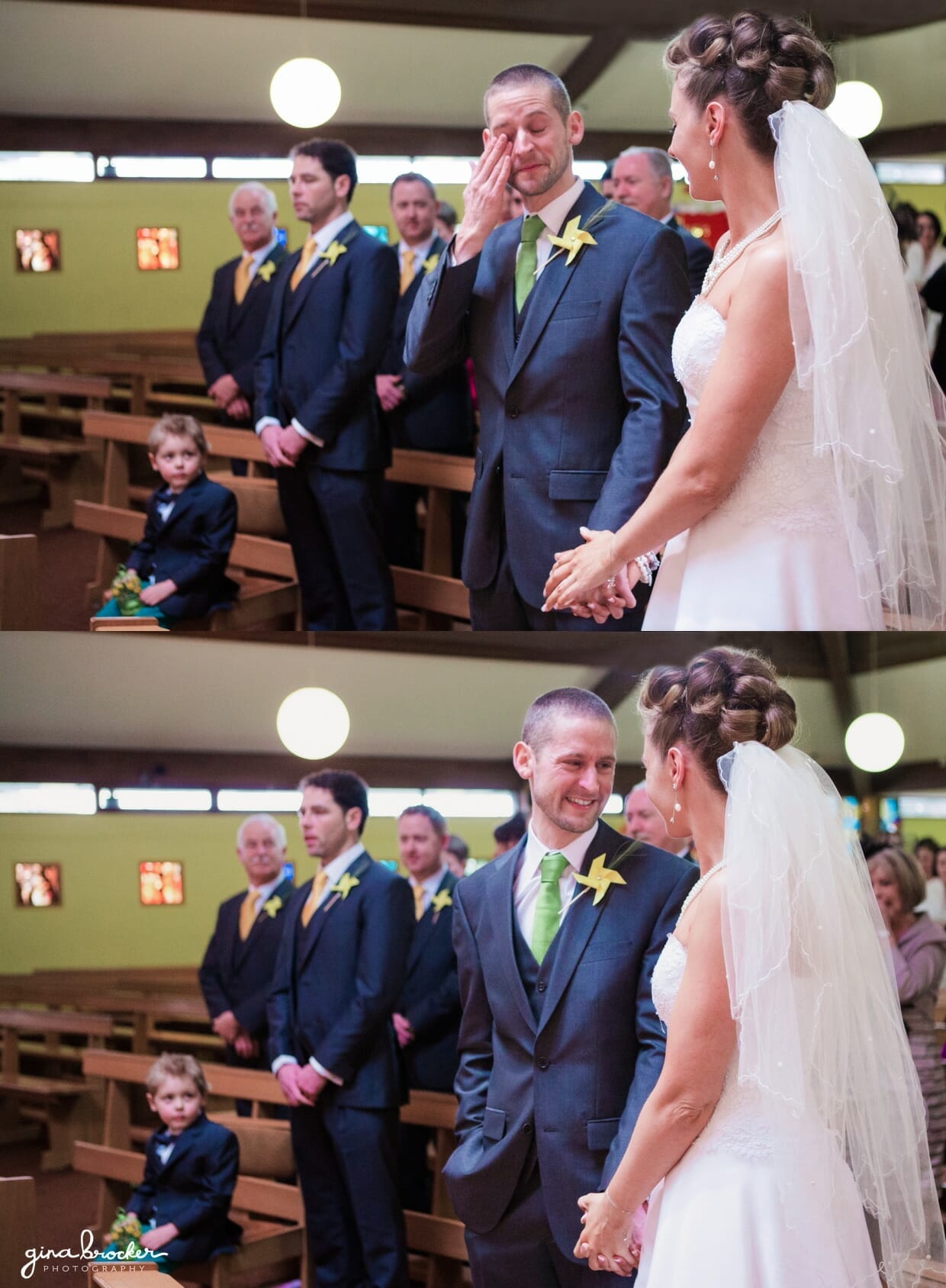 The groom wipes away a tear after seeing his beautiful bride walk up the aisle