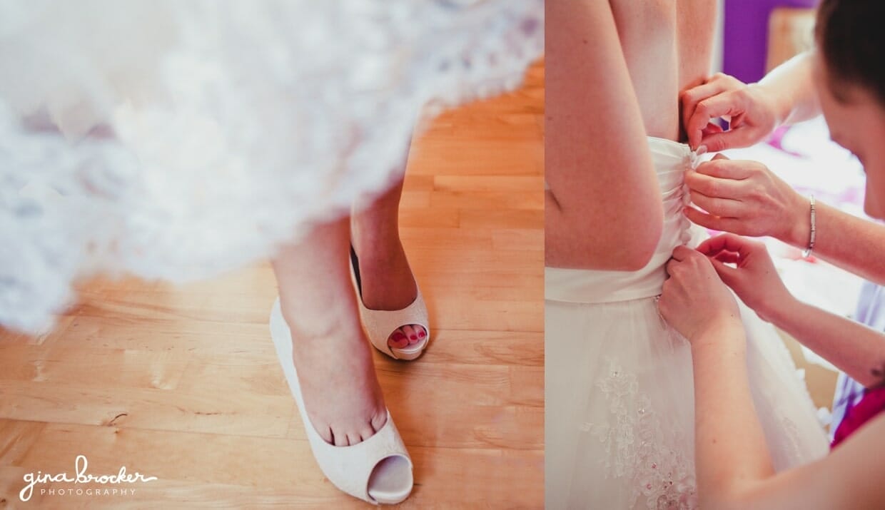 04.white.retro.bridal.shoes A bride puts on her shoes and fastens her tea length retro style wedding dress before her spring wedding