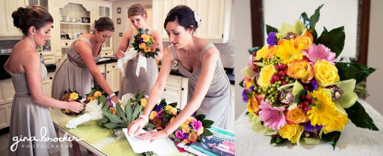 Bridesmaids get the colorful and elegant wedding bouquets ready before the ceremony