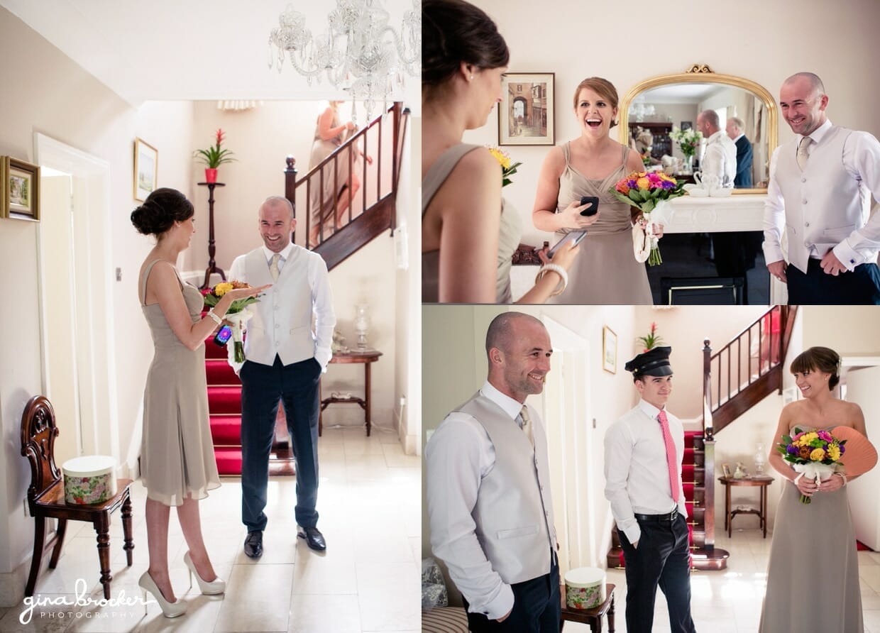 Bridesmaid and Groomsmen talking on the morning of a colorful and elegant wedding