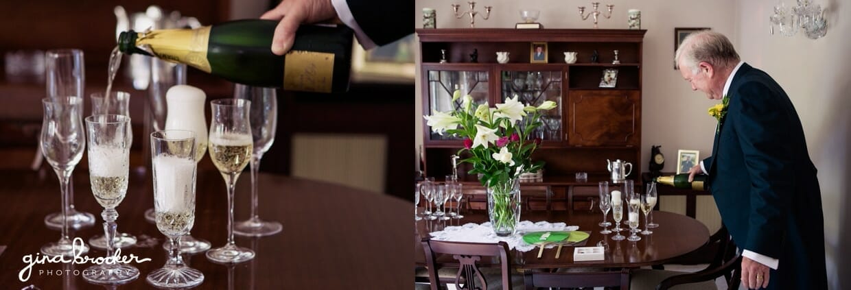 The father of the bride pours champagne on the morning of the wedding