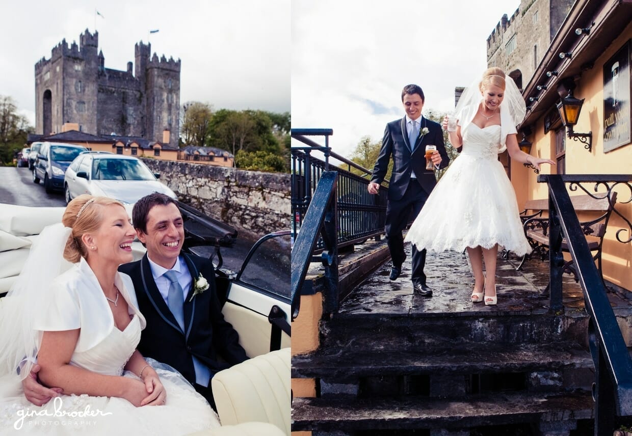 The bride and groom take a vintage volkswagen bug to their wedding reception