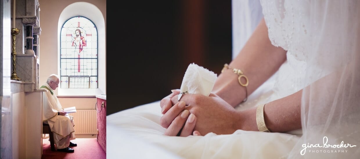 The bride holds a special heirloom during her intimate wedding ceremony in a small church
