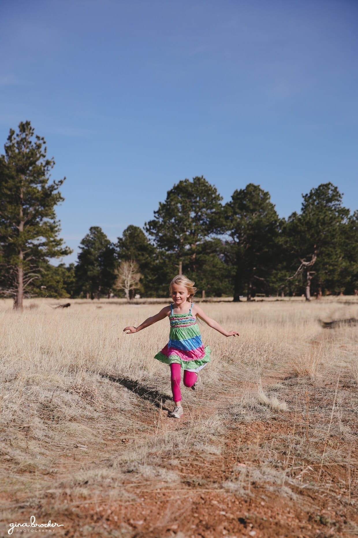A little girl runs through a field during an outdoor family photo session