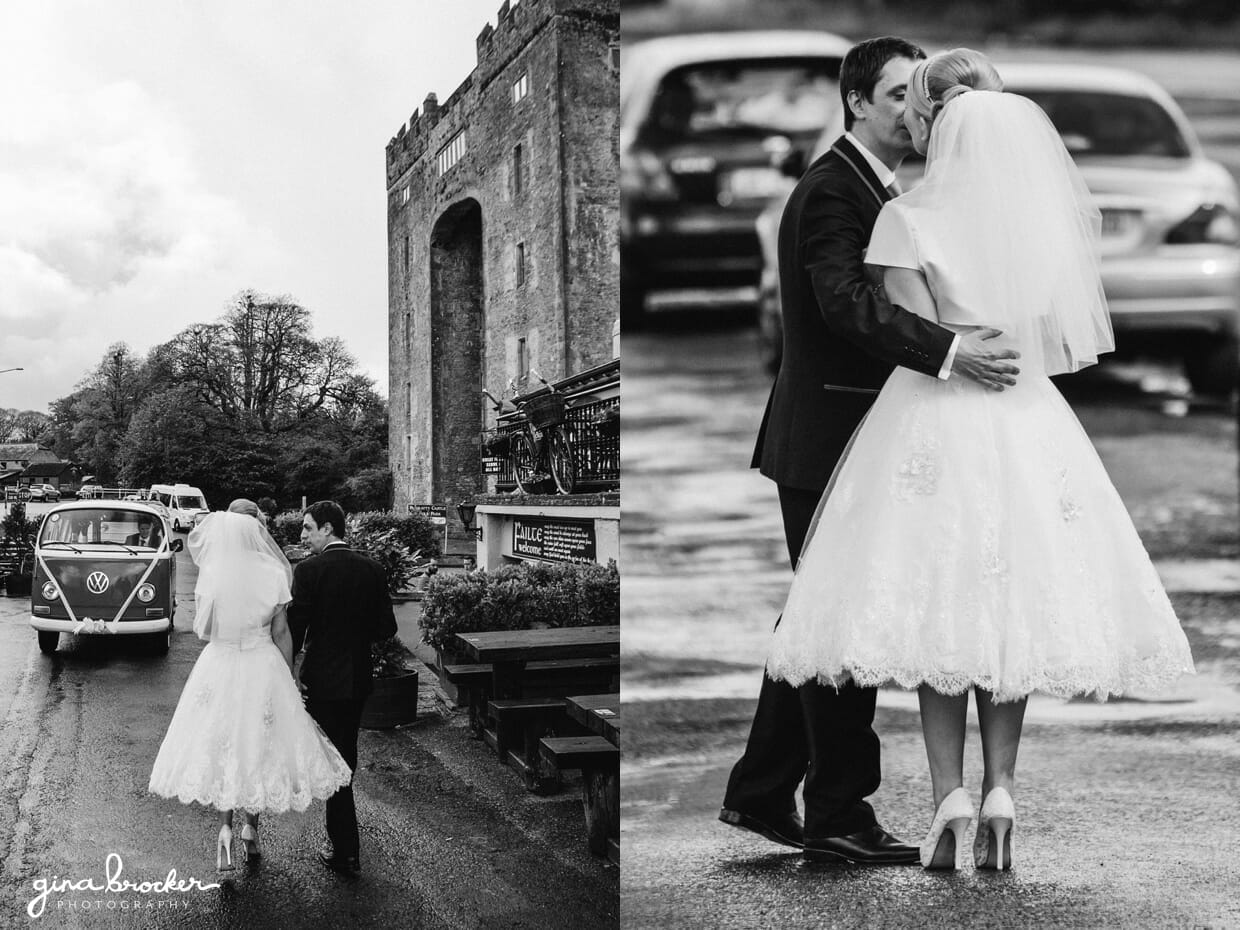 A sweet and retro portrait of a bride and groom as they walk to their VW wedding bus during their wedding in Boston, Massachusetts