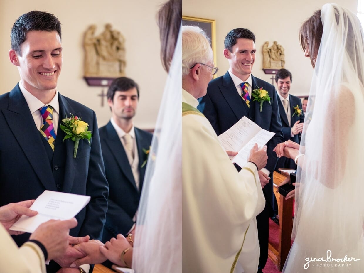 The grooms says his vows to his beautiful bride during their intimate wedding ceremony in a small church