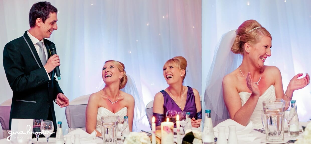 The groom gives a funny toast which make the bride and guest laugh