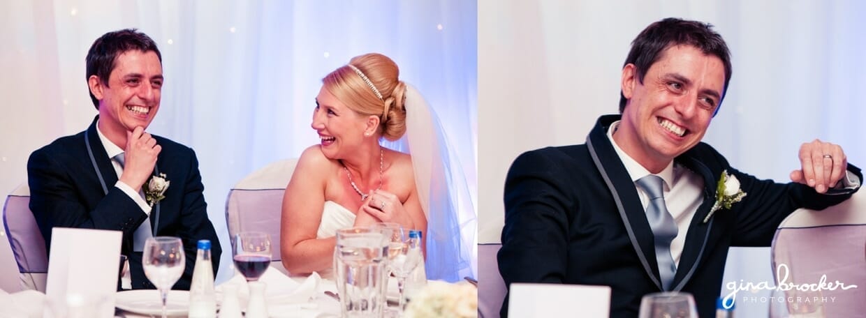 42.bride.and.groom.laugh.during.wedding.toasts The bride and groom laugh during the hilarious best man toast