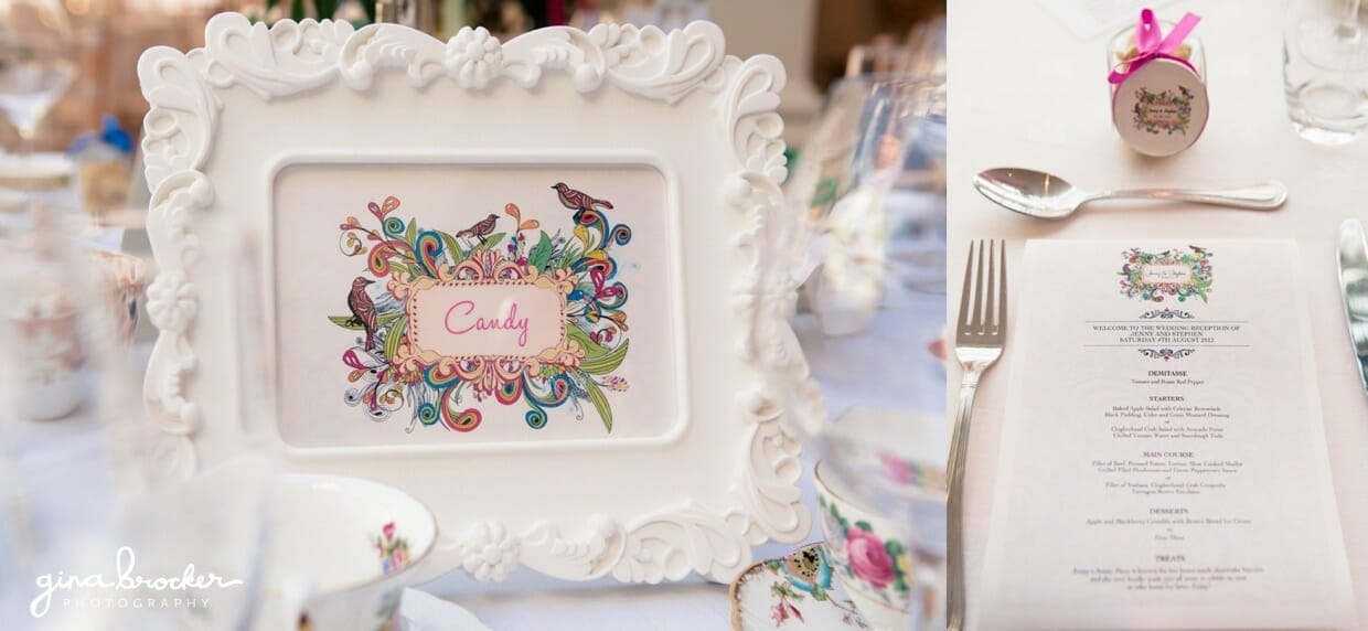 Elegant and colorful wedding decor with whimsical bird details and vintage elements