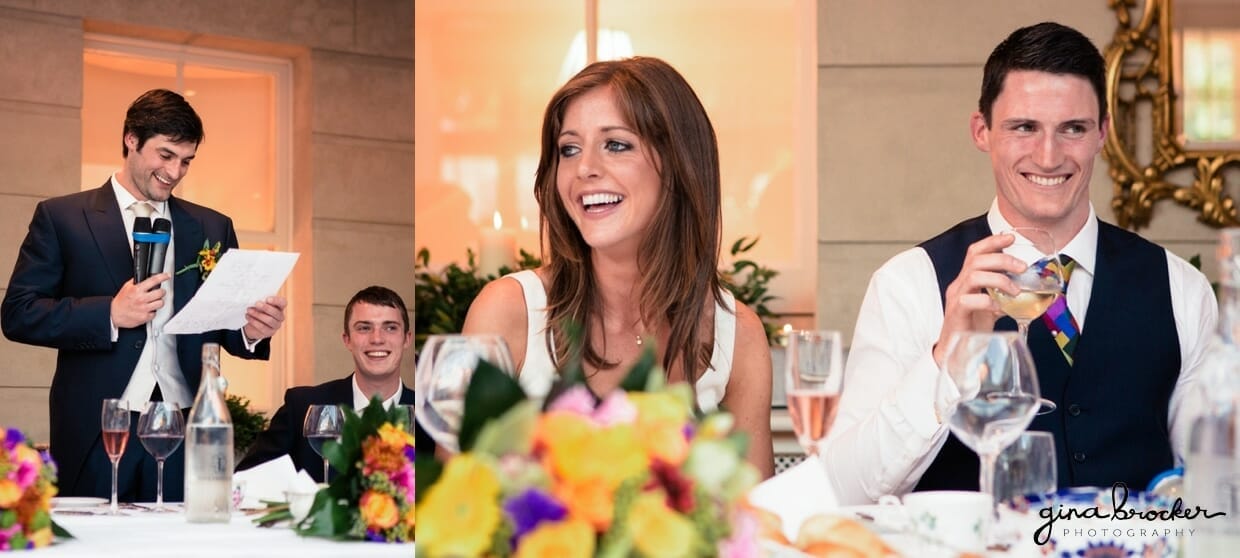 The bride and groom laugh at the fantastic best man speech