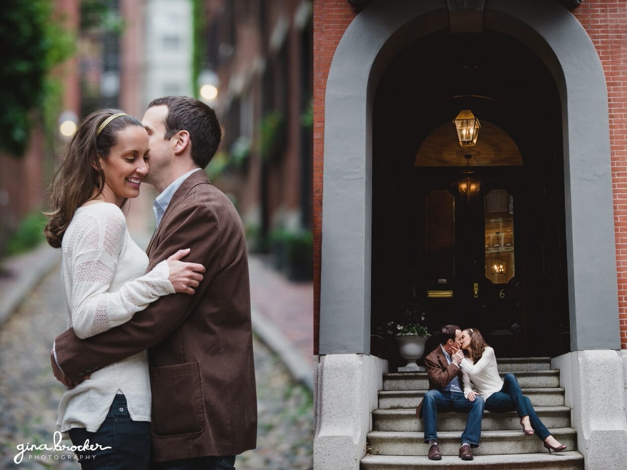 A couple cuddle on the cobblestone streets of Boston during their Anniversary Session in Beacon Hill