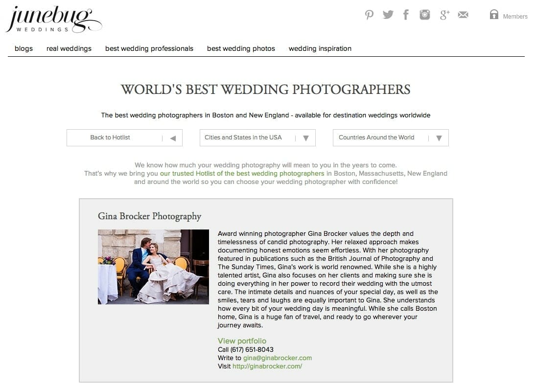A perfect description of one of the worlds best wedding photographers, gina brocker, on Junebug Weddings