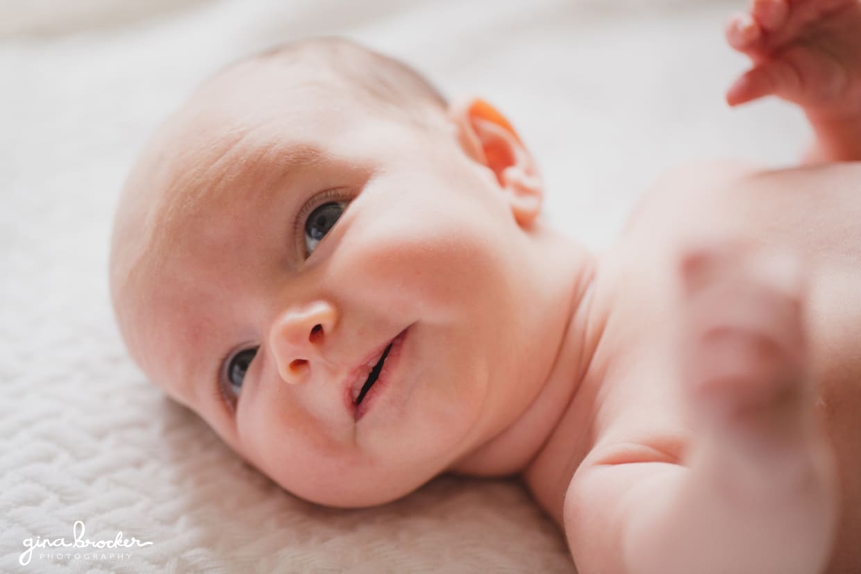 A sweet portrait of a baby during a Boston family photo session at home