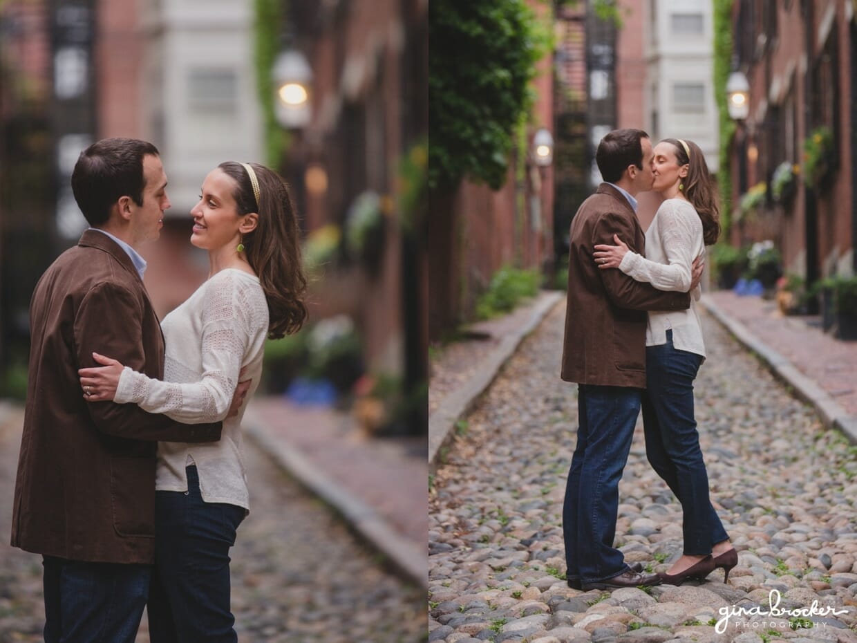A couple cuddle and kiss during their engagement session in beacon hill