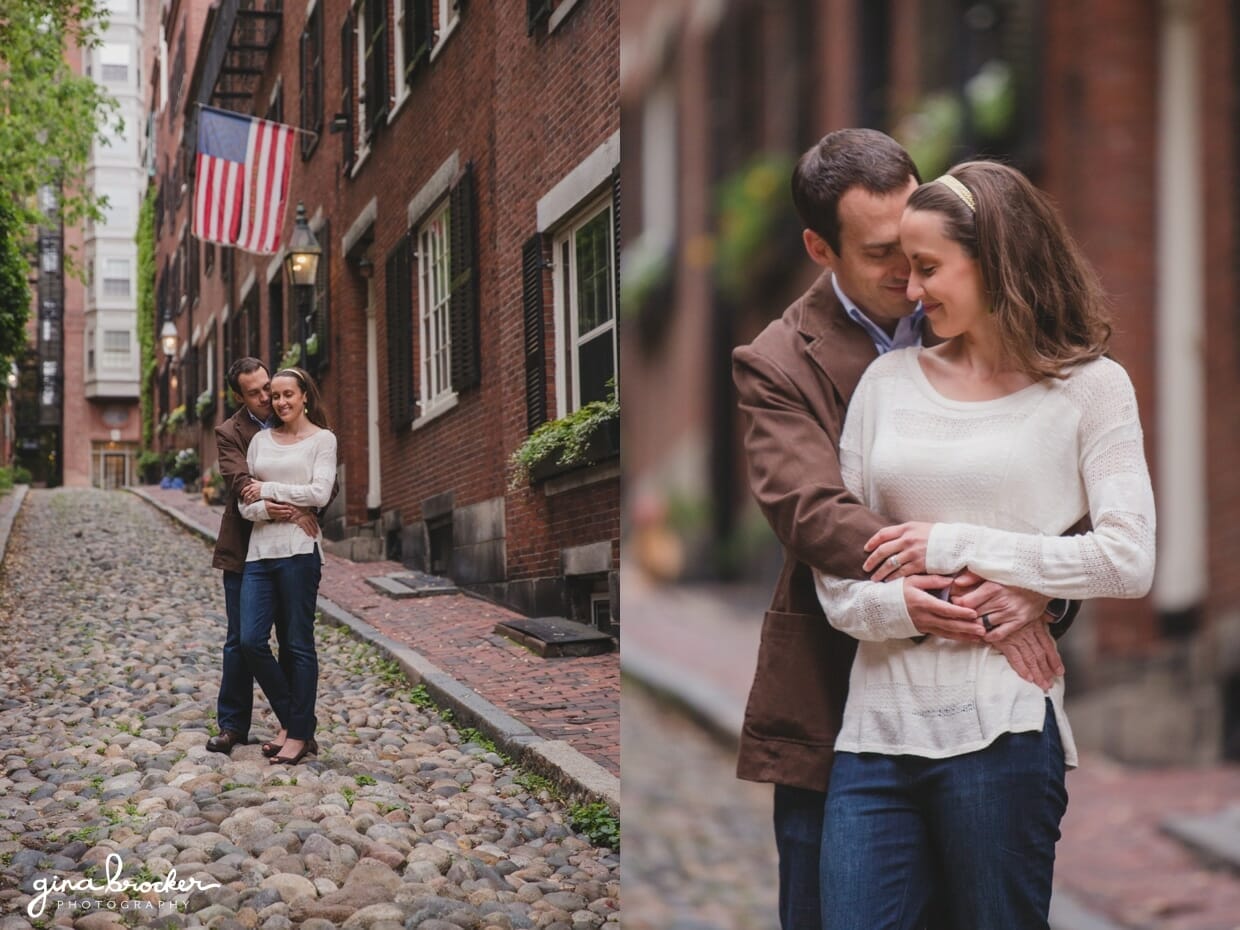A sweet portrait of a couple hugging during their beacon hill engagement session
